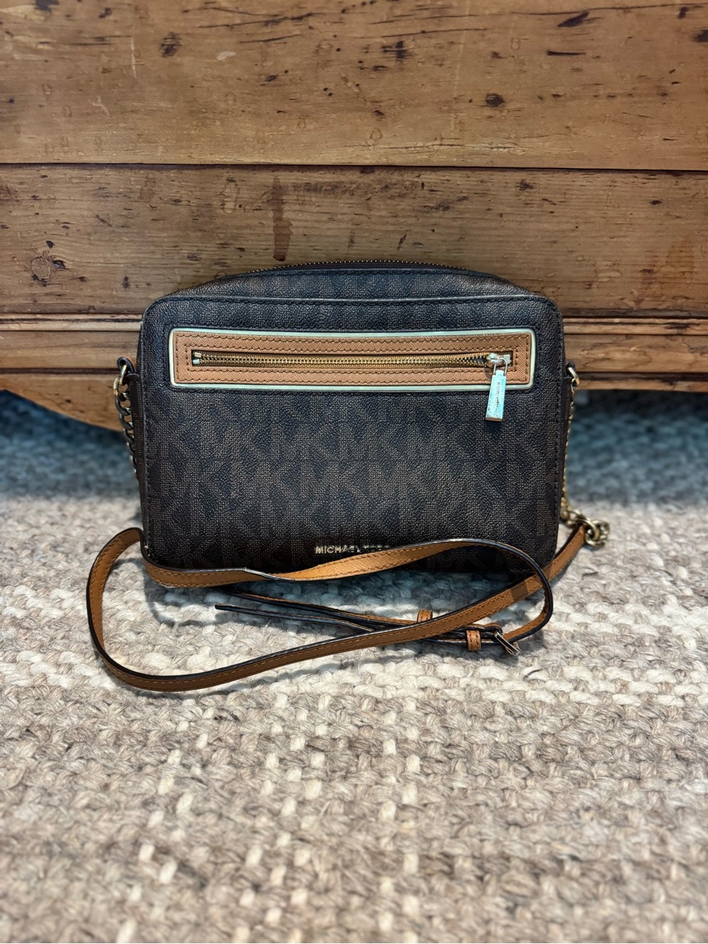 Michael Kors Dark Brown Monogram Crossbody with Tan Trim